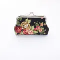 Vintage black floral canvas coin purse with classic silver kiss-lock metal buckle - One Size / Black