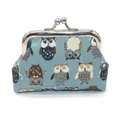 Light blue owl print canvas coin purse with vintage silver metal clasp closure - Blue
