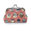 Cute pink owl print coin purse with vintage silver metal clasp and canvas fabric - Red
