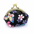 Japanese style black cotton coin purse with pink cherry blossoms and butterfly prints - Butterfly Black
