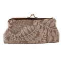 Detalle del monedero de lona vintage con tela jacquard de hojas y cierre de clip dorado - Pequeño / Gris