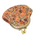 Detail of ethnic cork coin purse with colorful heart patterns and bronze metal clasp - Heart
