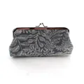 Vintage gray canvas coin purse with white leaf pattern and silver metal clasp - Small / Slate Gray