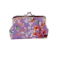 Detail showing vintage floral canvas pouch with a secure silver kiss lock metal frame - 4 Inch / Pink Purple