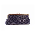 Detailed view of dark blue geometric canvas bag with vintage gold metal frame clasp - Blue