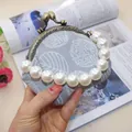 Detail of leaf pattern canvas purse with vintage metal clasp and pearl handle - Bead Chain Included / 10.5cm Kiss-lock / Gray