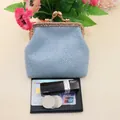 Light blue woven fabric kiss-lock pouch with metal frame for coins and cosmetics - Sky Blue