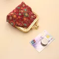 Handmade retro red floral fabric coin purse with gold metal frame and ball clasp - Red