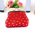 Retro red fabric coin purse with gold heart foil print and silver metal clasp closure - Red
