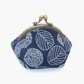 Retro navy blue canvas kiss-lock purse with white leaf print and bronze metal frame - Without Chain / 10.5cm Kiss-lock / Blue