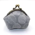 Grey canvas kiss-lock purse with white leaf embroidery and vintage bronze metal frame - Without Chain / 10.5cm Kiss-lock / Gray