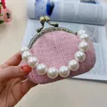 Roze tweed tasje met vintage bronzen sluiting en elegant handvat van imitatieparels - Roze Met Parelgreep