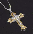 Drielagige kruis hanger ketting met strassteentjes in goud en zilver finish - Goud Zilveren Kruis met Bolletjesketting