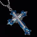 Drielaagse kruisketting met blauwe en zilveren plating en witte strassteentjes - Blauw met Kogellinkketting