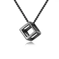 Retro hollow cube pendant necklace in vintage silver finish on white background - Black Curb Chain