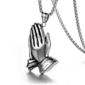 Silver stainless steel praying hands pendant necklace with detailed engraved patterns - Praying Hands