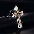 Collar de hombre con cruz de acero inoxidable bicolor y relieve floral dorado de lujo - Aceite de Goteo Dorado Con Cadena de Acero Inoxidable
