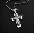 Silver stainless steel cross necklace with black inlay detail and box chain - Dominant Black / Stainless Steel Chain
