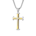 Three-layer gold and silver layered cross pendant necklace on a stainless steel box chain - Split Gold / Stainless Steel Chain