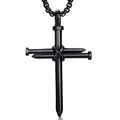 Mens black stainless steel cross necklace with industrial nail design and chain - Nail Cross + Plated Chain / Black
