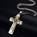 Two-tone stainless steel cross pendant necklace with gold vintage carving on silver base - Gold Cross / Stainless Steel Chain