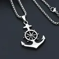 Vintage silver nautical anchor and helm pendant necklace on a sleek stainless steel chain - Anchor Helm Pendant