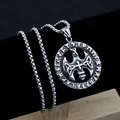 Vintage stainless steel box chain necklace featuring a Nordic rune engraved circle pendant - Rune Compass Pendant