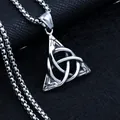 Silver stainless steel Celtic knot necklace with Nordic rune engraving on black leather - Triangle Celtic Knot Pendant