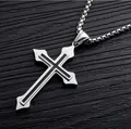 Silver stainless steel cross necklace for men with black geometric details and box chain - Enamel Cross Pendant