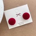 Elegant wine red velvet ball stud earrings with 925 silver needles for autumn and winter - Burgundy