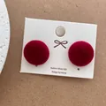 Elegant wine red flocked round stud earrings with S925 silver needles on jewelry card - Round Style