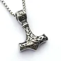 Close-up of Mjölnir pendant with intricate Viking knotwork on stainless steel square chain - Thor's Hammer Style / Silver