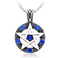 Vintage titanium steel pentagram pendant necklace with sparkling blue crystals on bead chain - Blue Rhinestone (Ball Chain)