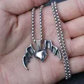 Gothic bat wing heart necklace pendant with stainless steel box chain for men and women - Bat Style