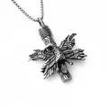 Retro stainless steel eagle pendant necklace with intricate cross and feather details - Falcon Cross Sculpture Style