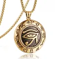 Golden stainless steel Eye of Horus pendant necklace with Egyptian runes on box chain - Gold Eye (Plated Chain)