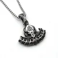 Macro view of vintage Thor hammer pendant with Valknut symbol and sturdy box chain - Battle Axe Style / Silver