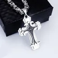 Macro detail of silver and black stainless steel cross pendant with chunky Byzantine chain - Black Cross / Emperor Chain