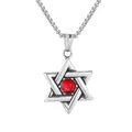 Collar con colgante hexagrama de acero inoxidable pulido con una circonita roja brillante - Hexagrama de Piedra Roja con Cadena