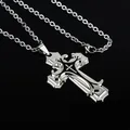Gothic silver three-layer cross pendant necklace with ornate floral carvings on black background - Cable Chain / Black