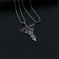 Gothic dragon cross pendant necklace in antique silver finish with a red rhinestone - Stainless Steel Chain / Double Dragon Red Stone