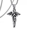 Collar con colgante de ángel hip hop en acero inoxidable plateado antiguo hombre - Ángel Pequeño con Cadena de Acero