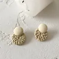 Retro handmade wood and woven rattan round geometric earrings for women in beige - Mini Round Surface Natural Wood Color