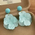 French vintage light blue flower drop earrings with acetate petals and gold metal rings - Light Blue (E206)