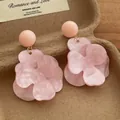 Detail shot of vintage pink floral drop earrings with a marble-textured resin finish - Pink (E206)