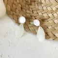 Rattan woven drop earrings with white resin beads and leaf-shaped pendants for summer - Ice Cube Water Drop Style