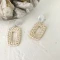 Rectangle woven rattan earrings with white resin stud and gold metal link - Rectangle