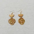Handmade woven rattan earrings with geometric wood accents and natural retro style - New Rattan Woven 74 (Wood Block Woven Hook)