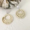 Handmade bohemian style round woven rattan earrings with white resin stud details - Opal-look Round Style 1