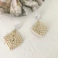 Handmade geometric square rattan earrings with resin studs in bohemian vacation style - Square Solid Style